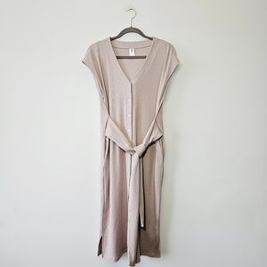 Smash & Tess Ribbed Midi Dress Size S Tie Waist V Neck Button Front